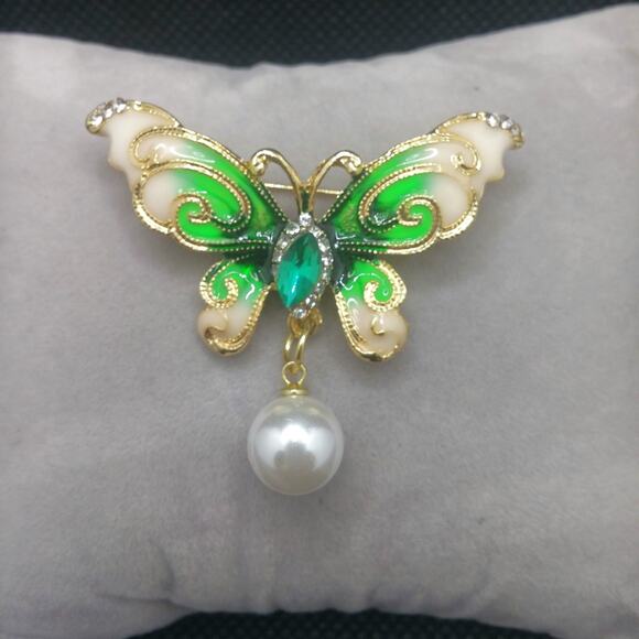 Winged Butterfly Brooch Pendant Combo NEW Pin Green Cream Enamel Faux Pearl Drop - Picture 5 of 9